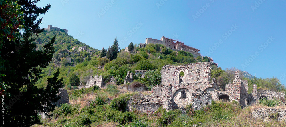 Panoramic view of the fortified city of Mystras, Greece