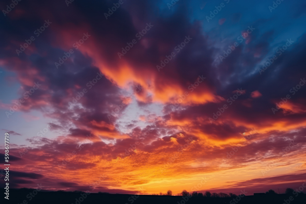Vibrant sunset sky. Warm fire tones. Blue, orange and yellow sunset sky.