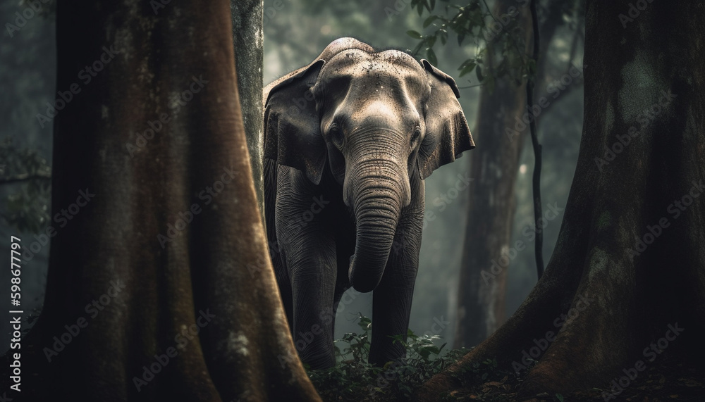 Large mammal walking in tranquil tropical forest generated by AI