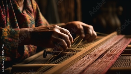 Expert craftsperson weaving homemade textile on loom generated by AI