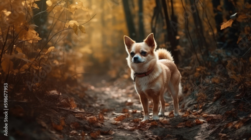 Running Wild. Spirited Chihuahua Embarks on an Adventurous Sprint across the Sun-Kissed forest, Framed by big trees. AI Generative