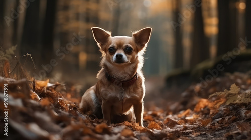Running Wild. Spirited Chihuahua Embarks on an Adventurous Sprint across the Sun-Kissed forest  Framed by big trees. AI Generative
