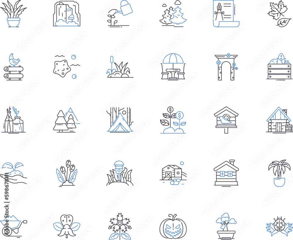 Fototapeta premium Lawn line icons collection. Green, Mow, Grass, Cut, Irrigation, Fertilize, Turf vector and linear illustration. Landscaping,Weeds,Sprinklers outline signs set Generative AI