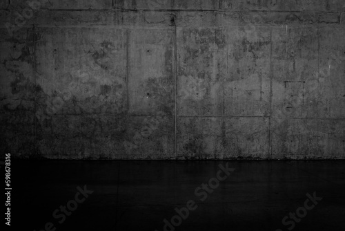 Grungy dark concrete wall and wet floor