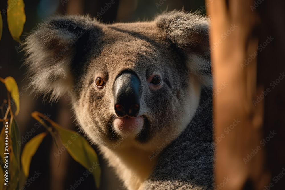Obraz premium Koala looking at the camera, beautiful background, eucalyptus forest background, ai generated.