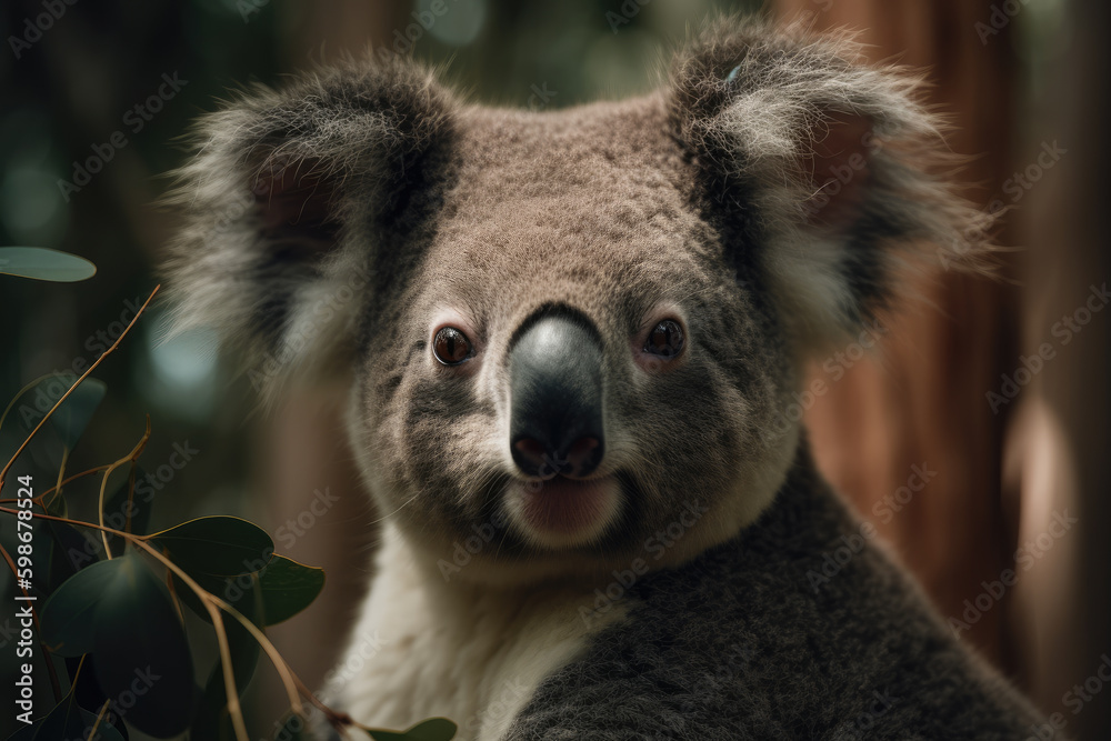 Naklejka premium Koala looking at the camera, beautiful background, eucalyptus forest background, ai generated.
