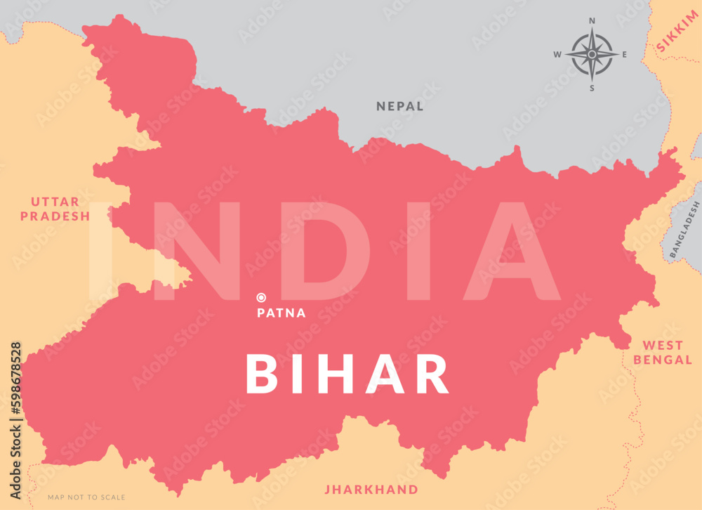 Obraz premium State of Bihar India with capital city Patna hand drawn map