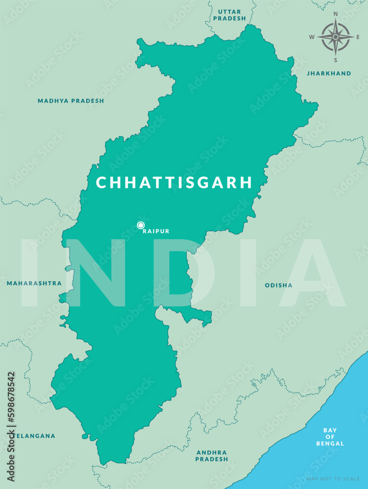 State Of Chhattisgarh India With Capital City Raipur Hand Drawn Map 