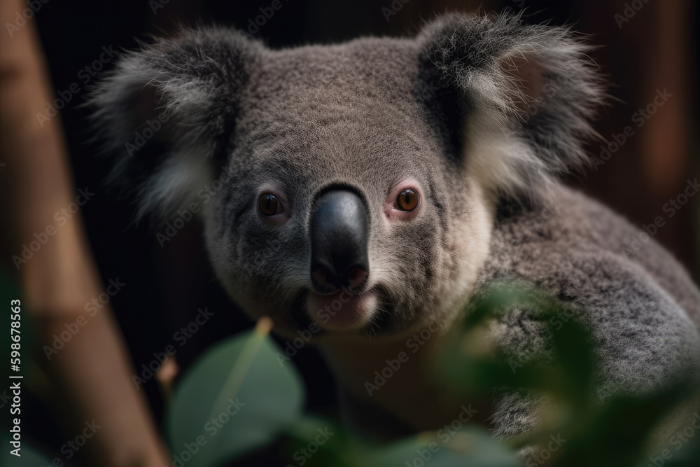Naklejka premium Koala looking at the camera, beautiful background, eucalyptus forest background, ai generated.