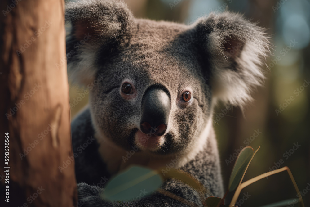 Koala looking at the camera, beautiful background, eucalyptus forest background, ai generated.