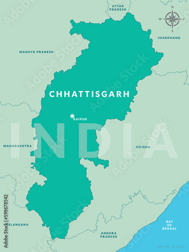 State of Chhattisgarh India with capital city Raipur hand drawn map photo