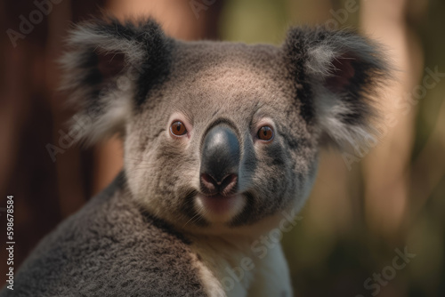 Koala looking at the camera  beautiful background  eucalyptus forest background  ai generated.