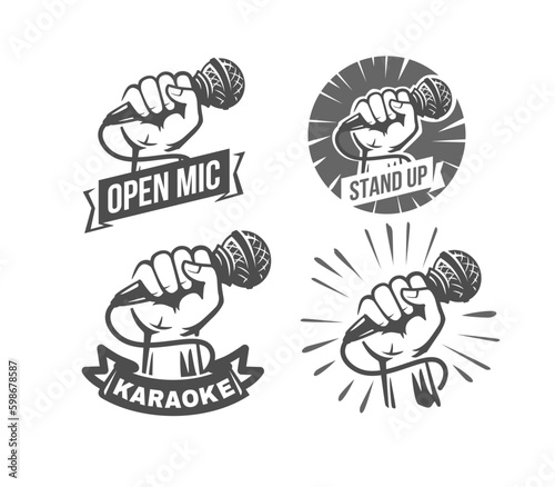 Hand with microphone. Emblem set karaoke, open mic, stand up Generative AI