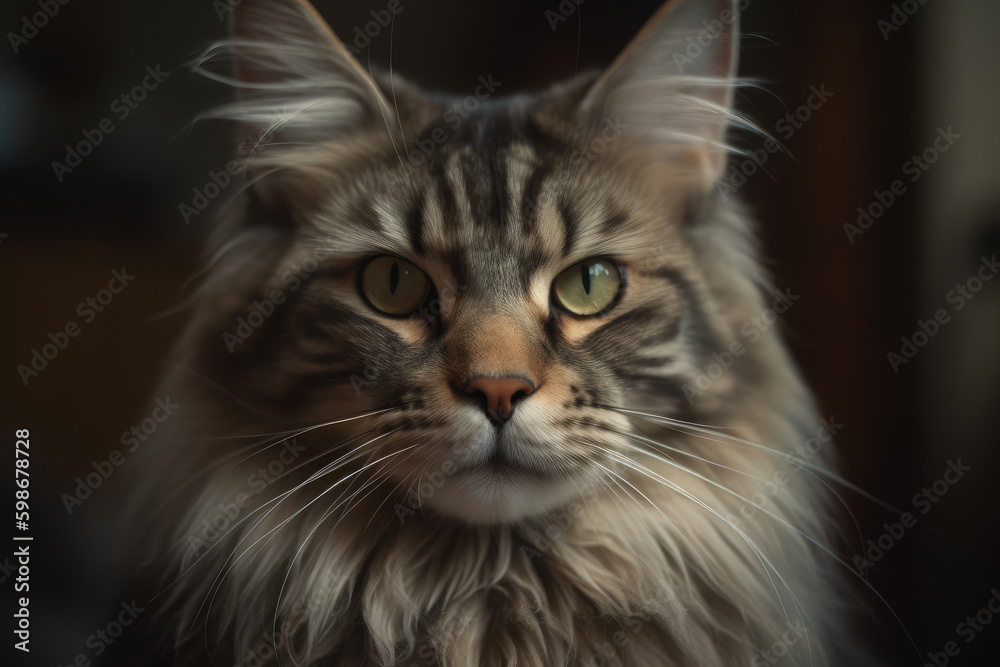 Maine Coon cat looking at the camera, beautiful background, ai generated.