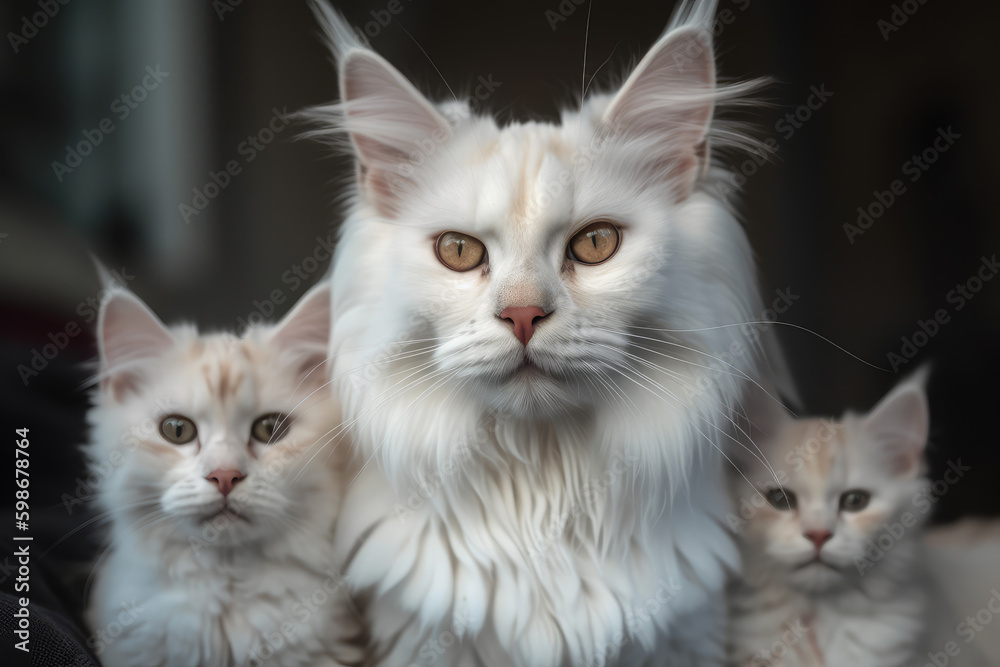 Maine Coon cat with kittens looking at the camera, beautiful background, ai generated.