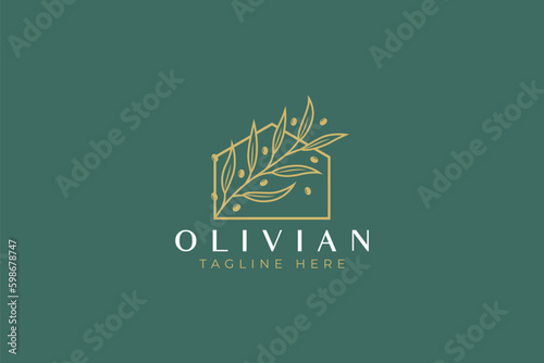 Olive Branch Leaves and Home Line Art  Logo Abstract Minimal Flora Design Residential Real Estate Developer Property Urban Cottage