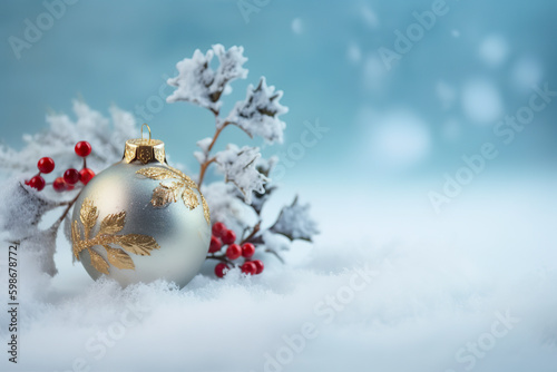 Christmas bauble  ball with fir twigs and sparkling snow  AI generative Xmas greeting background with copy-space  place for text