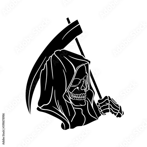 Hand drawn illustration of grim reaper with death scythe silhouette