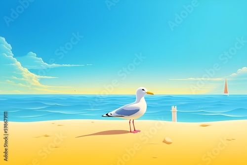 A landscape of a beach with a seagull AI-Generated image