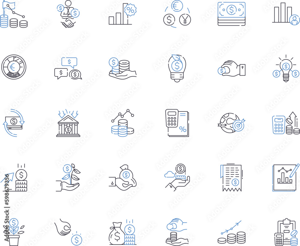 Fiscal asset line icons collection. Revenue, Budget, Investment, Taxation, Capital, Accounts, Expenditure vector and linear illustration. Treasury,Portfolio,Audit outline signs set Generative AI