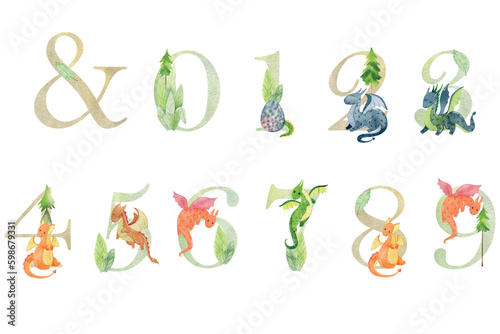 Vector watercolor dragons numbers for invitation card, nursery poster, baby shower and other. Animal alphabet letters.