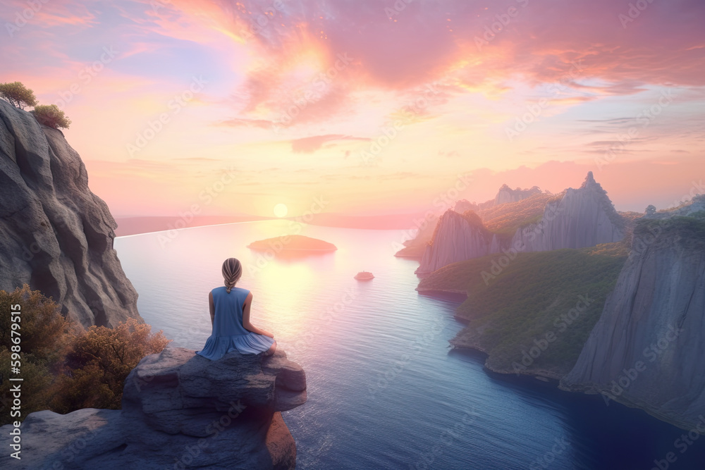 Tiny human figure meditates on the edge of a cliff, surrounded by an amazing sunrise or sunset over water, dreamy romantic landscape. AI generative.