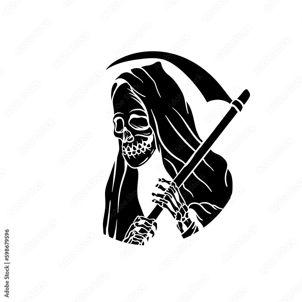 Hand drawn illustration of grim reaper with scythe silhouette Stock ...