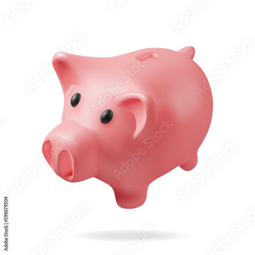 3D Piggy Bank Isolated. Render Plastic Piggy Bank for Money. Moneybox in Form of Pig. Concept of Cash Money, Business Deposit Investment, Financial Savings. Vector Illustration