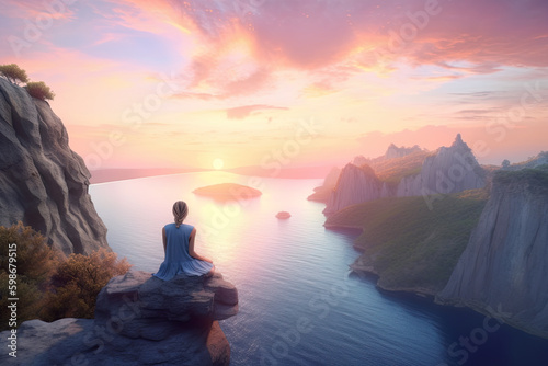 Tiny human figure meditates on the edge of a cliff  surrounded by an amazing sunrise or sunset over water  dreamy romantic landscape. AI generative.