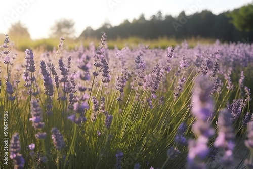 Field of Purple Colored Lavender in Summer Sunrise  Close Up  AI Generated Image