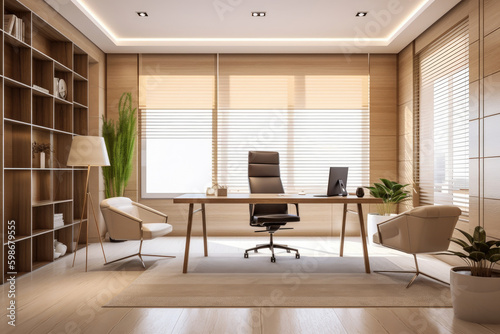 Minimal interior modern office space room with beige cozy tone style, decorate with armchair, desk, and row of computers, empty wall for mock up and banner, with Generative Ai. © TANATPON
