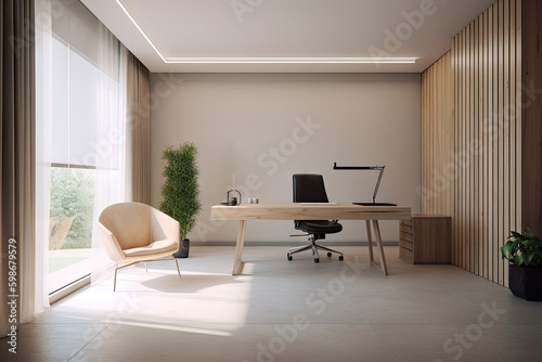 Minimal interior modern office space room with beige cozy tone style, decorate with armchair, desk, and row of computers, empty wall for mock up and banner, with Generative Ai.