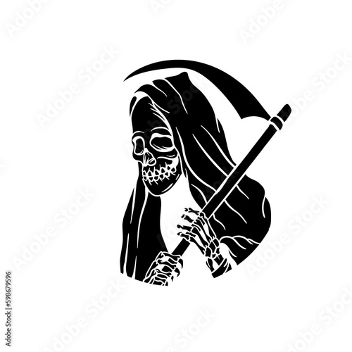Hand drawn illustration of grim reaper with scythe silhouette