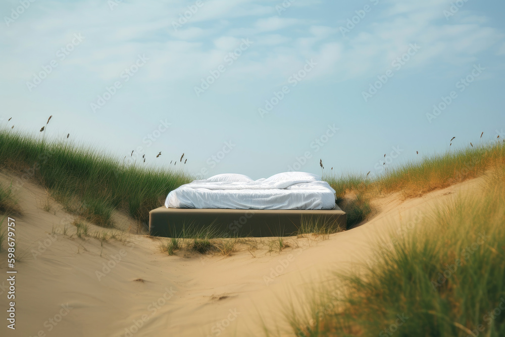 Lonely bed stand on grass dune hill with beautiful sky, surreal dreamlike landscape, minimal background, creative scene, Desert scene with furniture, with Generative Ai. Lonely bed stand on grass dune hill with beautiful sky, surreal dreamlike landscape, minimal background, creative scene, Desert scene with furniture, with Generative Ai.