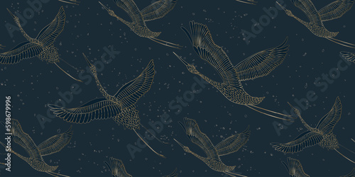 Art background with a seamless pattern of cranes in a gold line style. Animal banner in oriental style for decoration, wallpaper, interior design, packaging, poster, print.