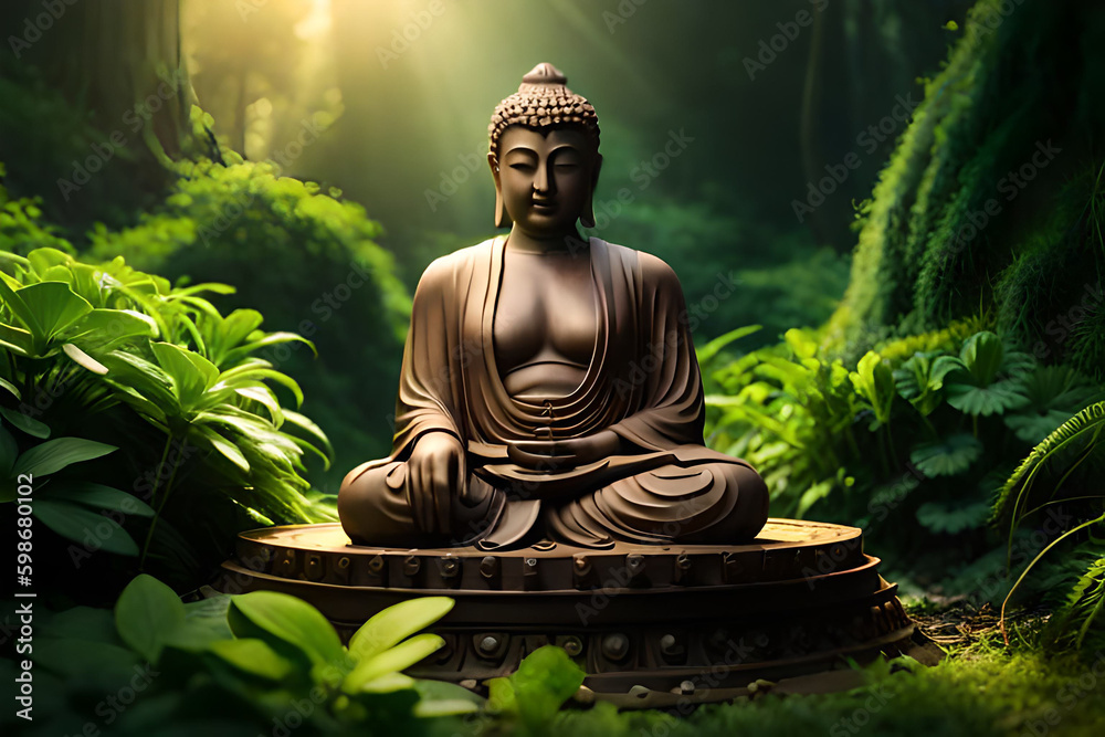 Generative AI Statue of Goutam Buddha_ Buddha In Garden_Meditating Buddha Statue