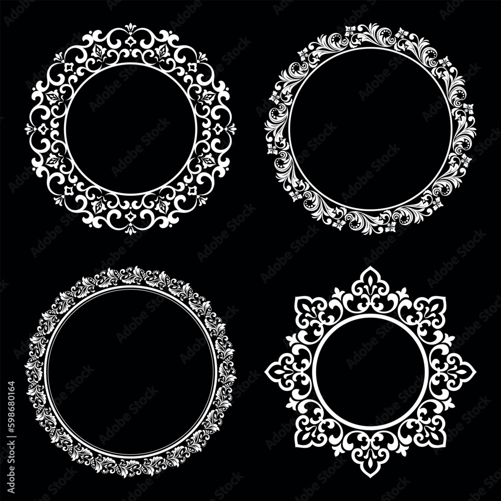 Set of decorative frames Elegant vector element for design in Eastern style, place for text. Floral black and white borders. Lace illustration for invitations and greeting cards. Set of decorative frames Elegant vector element for design in Eastern style, place for text. Floral black and white borders. Lace illustration for invitations and greeting cards.