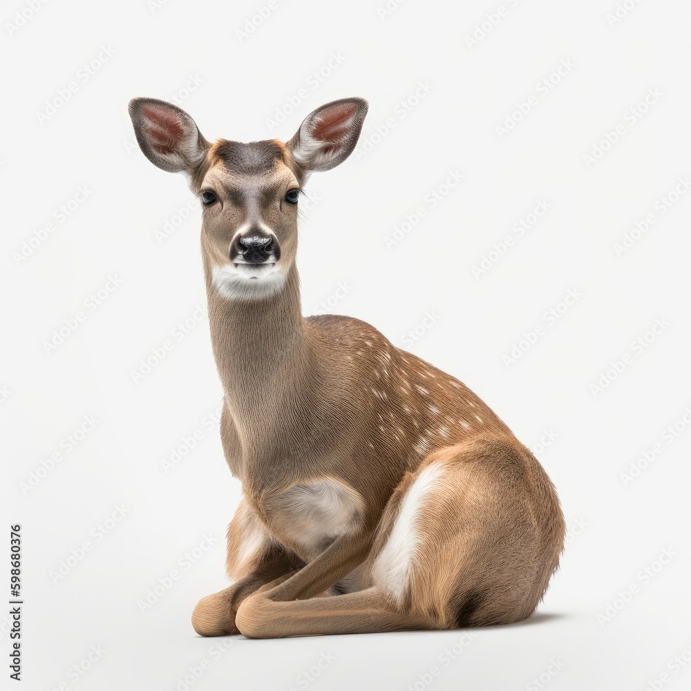 Fototapeta premium deer, animal, wildlife, mammal, nature, wild, doe, antelope, brown, buck, fawn, grass, park, ears, young, roe, isolated, stag, baby, outdoors, white, fur, white background, safari, whitetail