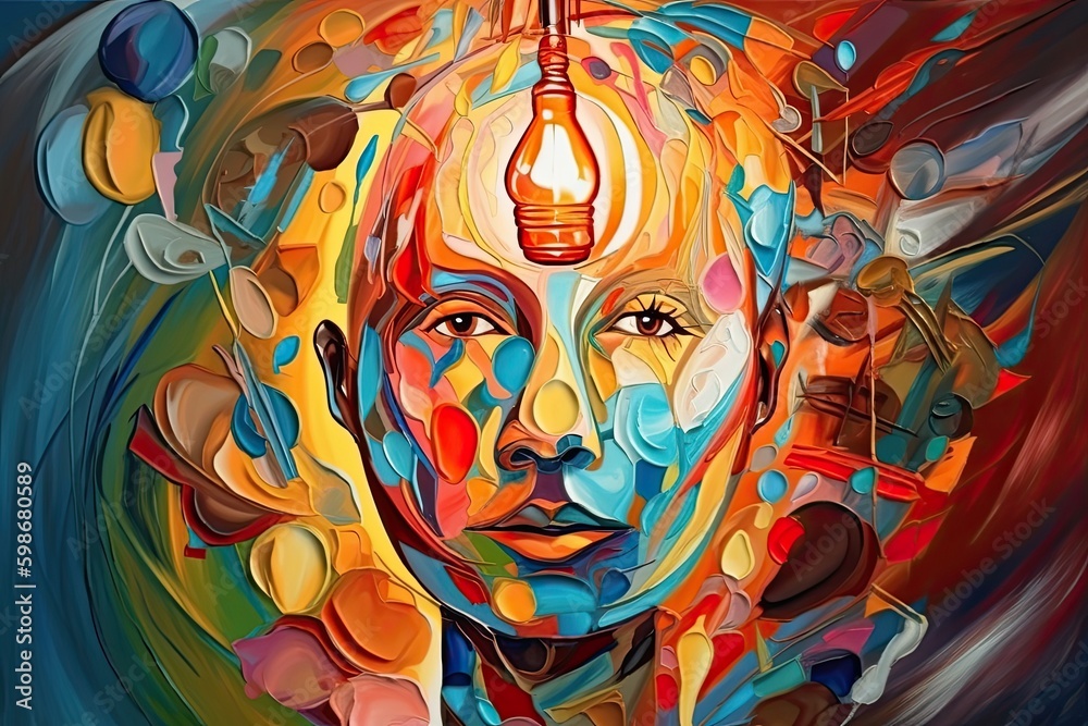 Portrait of a colorful head illuminated as a light bulb, a symbol of mental activity, intelligence, creativity on a dark background. Generative AI
