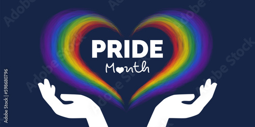 pride month banner design with lgbt colors heart and human hands vector illustration
