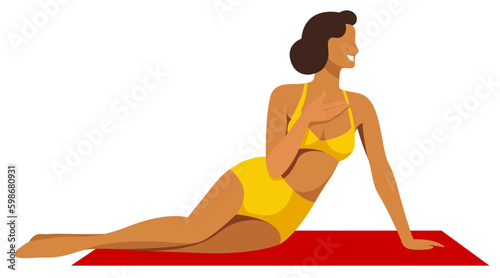 vector illustration on the theme of summer holidays. beautiful young tanned girl in a yellow swimsuit sunbathes on the beach. useful for advertising summer vacations, resorts, hotels, beaches, print