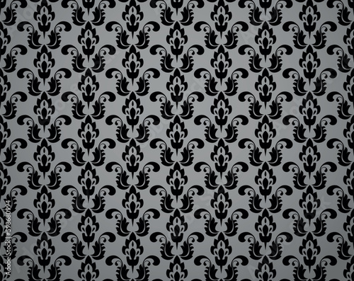 Wallpaper in the style of Baroque. Seamless vector background. Black and gray floral ornament. Graphic pattern for fabric, wallpaper, packaging. Ornate Damask flower ornament