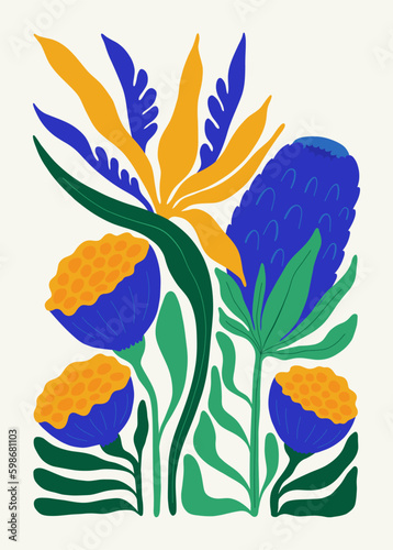 Floral abstract elements. Tropical Botanical composition. Modern trendy Matisse minimal style. Floral poster, invite. Vector arrangements for greeting card or invitation design