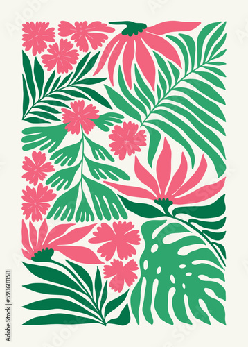 Floral abstract elements. Tropical Botanical composition. Modern trendy Matisse minimal style. Floral poster, invite. Vector arrangements for greeting card or invitation design