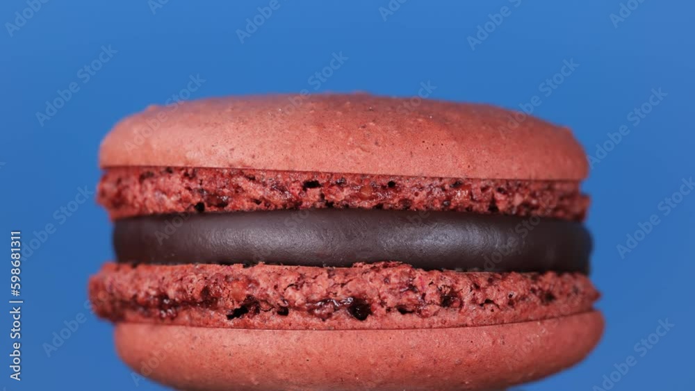 Rotation of a chocolate macaron on a blue background.Macro macaron.close up of a traditional french macaron.sweets, pastry and food concept.
