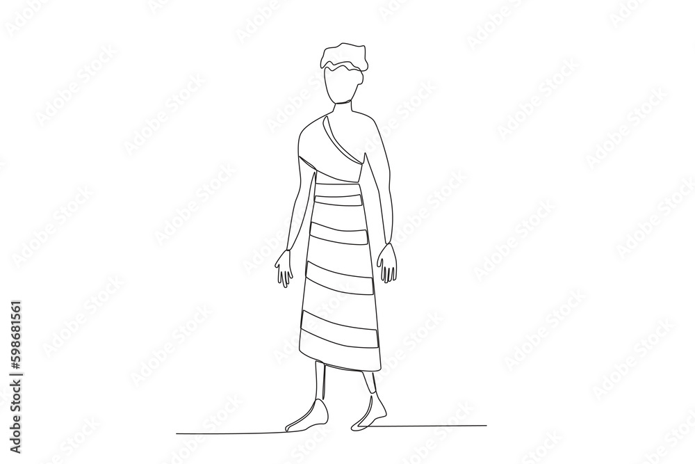A young man walks wearing African tribal clothing. Africa tribe one-line drawing A young man walks wearing African tribal clothing. Africa tribe one-line drawing