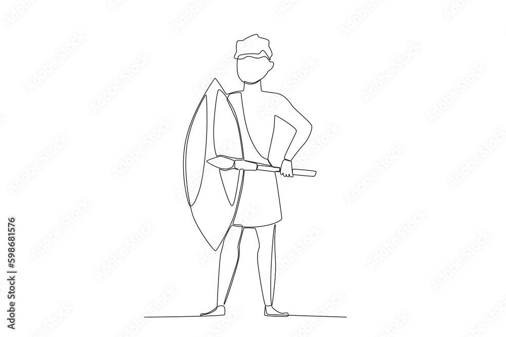 A young man holding a traditional African tribal weapon. Africa tribe one-line drawing A young man holding a traditional African tribal weapon. Africa tribe one-line drawing