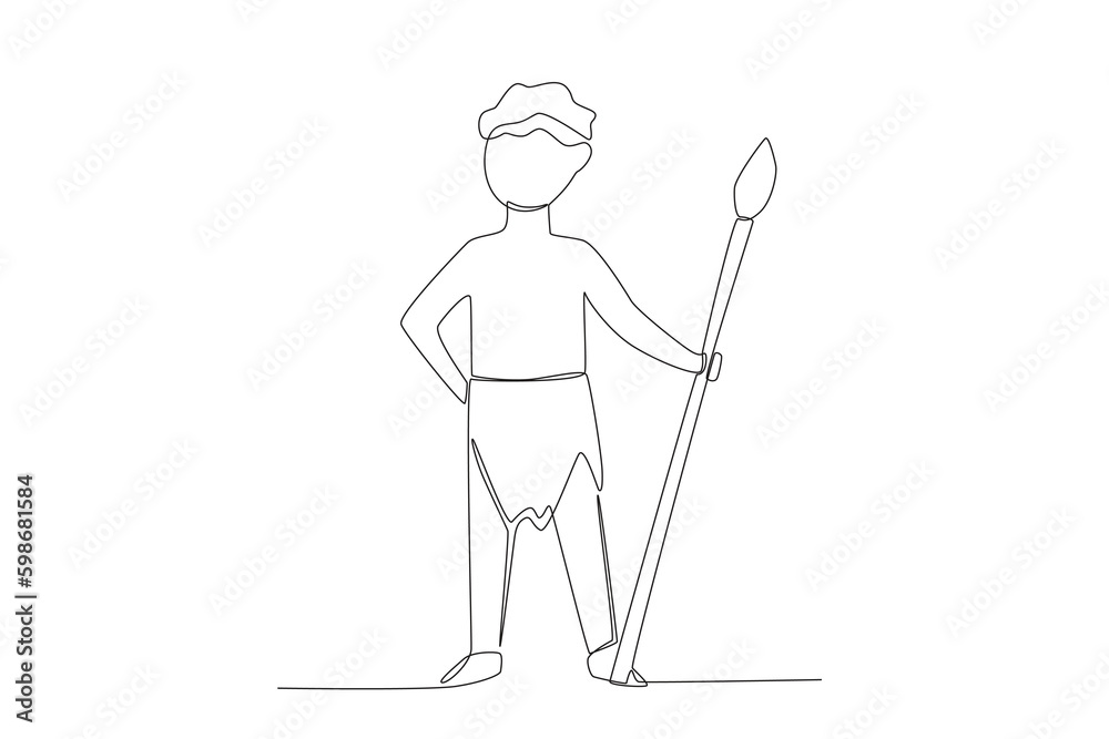 A boy proudly holds an African tribal weapon. Africa tribe one-line drawing A boy proudly holds an African tribal weapon. Africa tribe one-line drawing