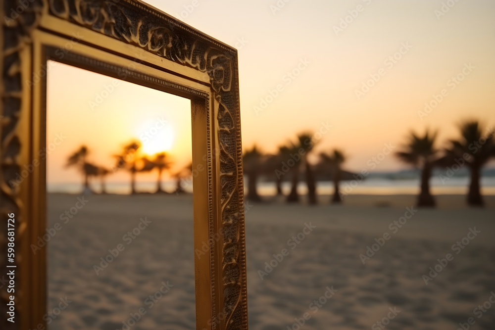 Art deco golden frame on the beach. generative ai