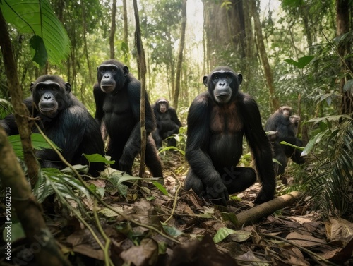 Group of Chimpanzee in natural habitat (generative AI) photo